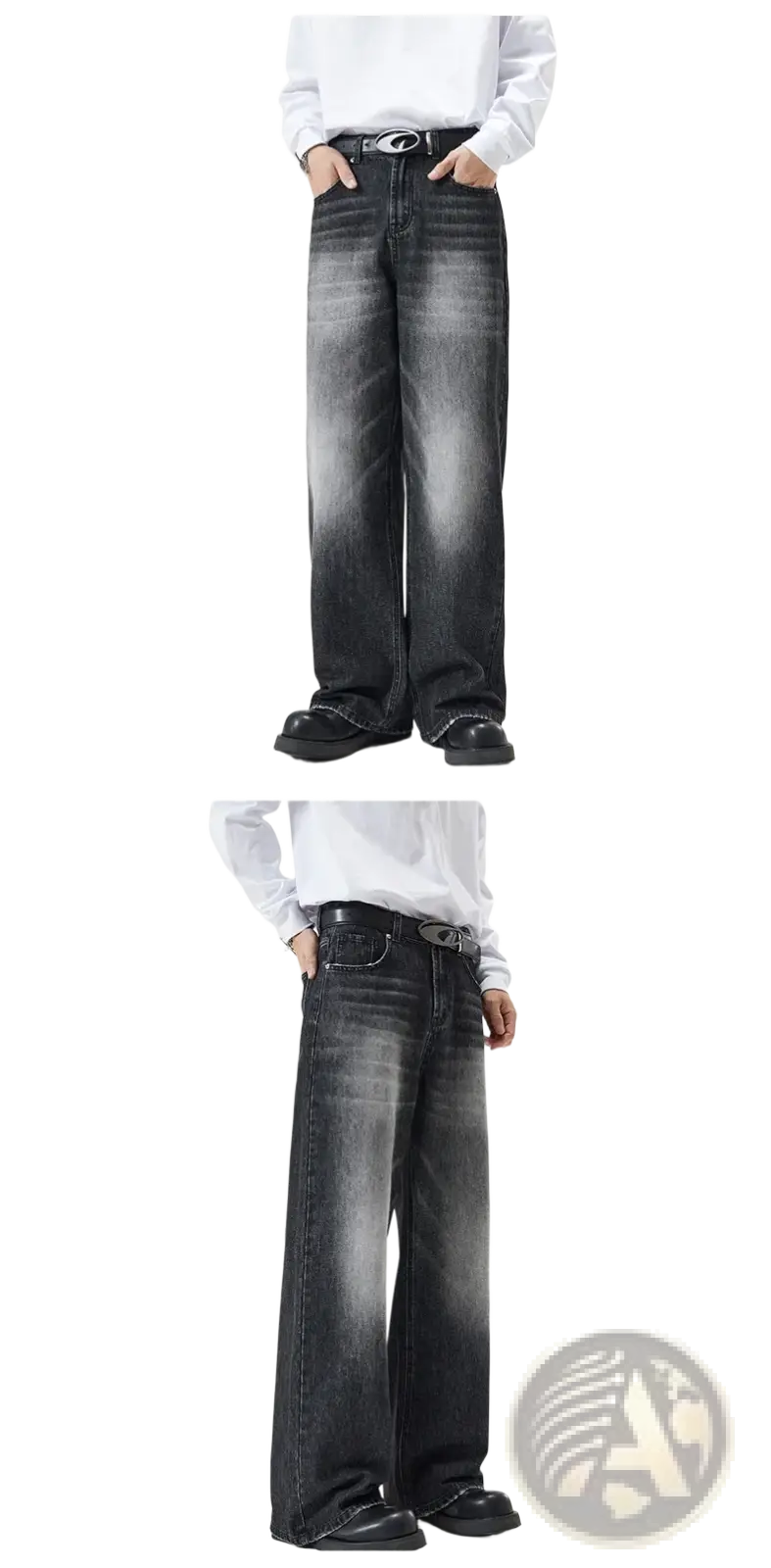 Distressed vintage baggy men denim jeans in black wide-leg with faded wash and visible stitching details