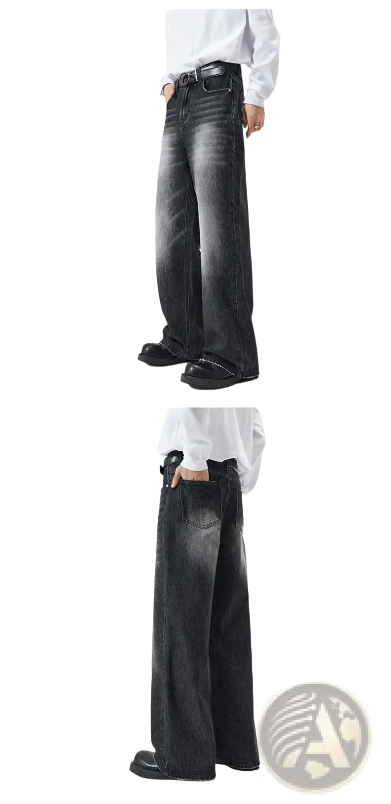 Distressed vintage baggy men denim jeans in black wide-leg with faded wash and visible stitching details
