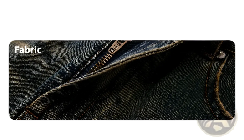 Dark blue distressed vintage men baggy denim jeans fabric with visible zipper and detailed stitching