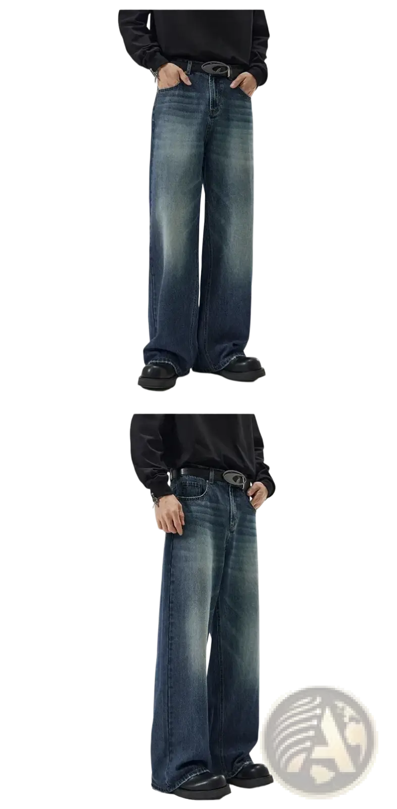 Dark blue wide-leg distressed vintage baggy men denim jeans with faded wash and classic five-pocket design