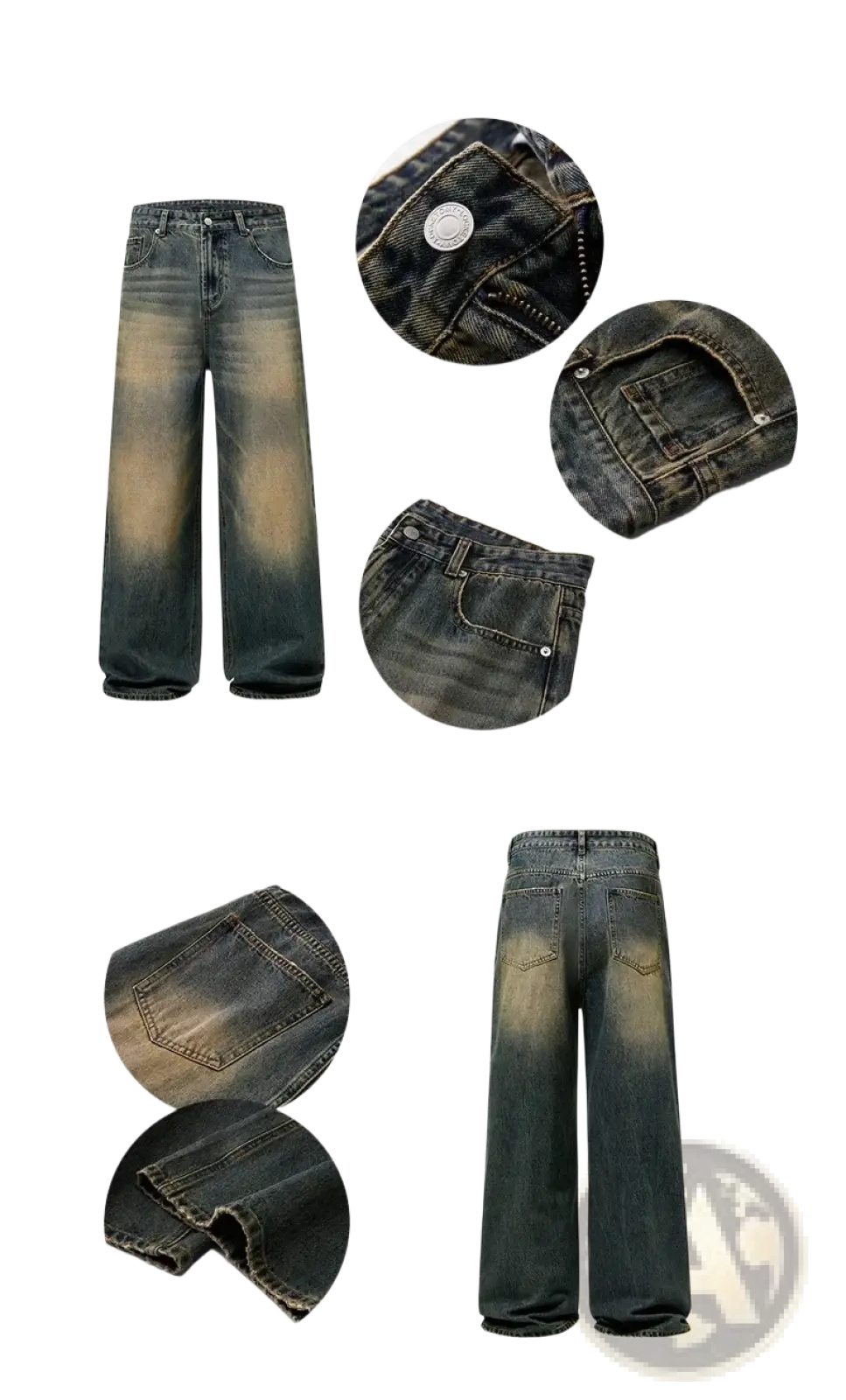 Distressed vintage baggy men denim jeans in dark-wash denim with faded, distressed look and classic five-pocket design
