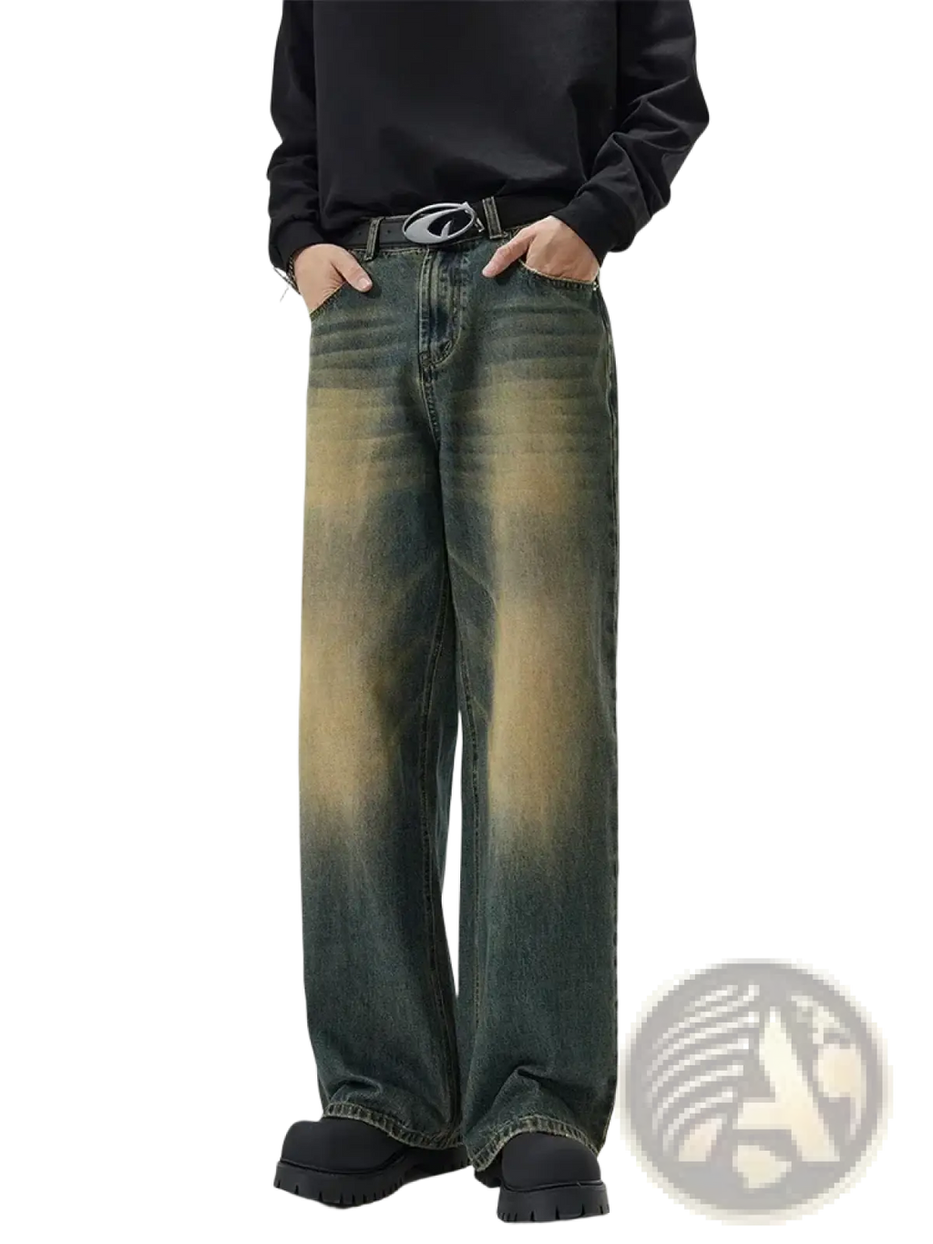 Distressed vintage baggy men denim jeans in dark wash with a faded gradient effect transitioning to lighter tones at the bottom