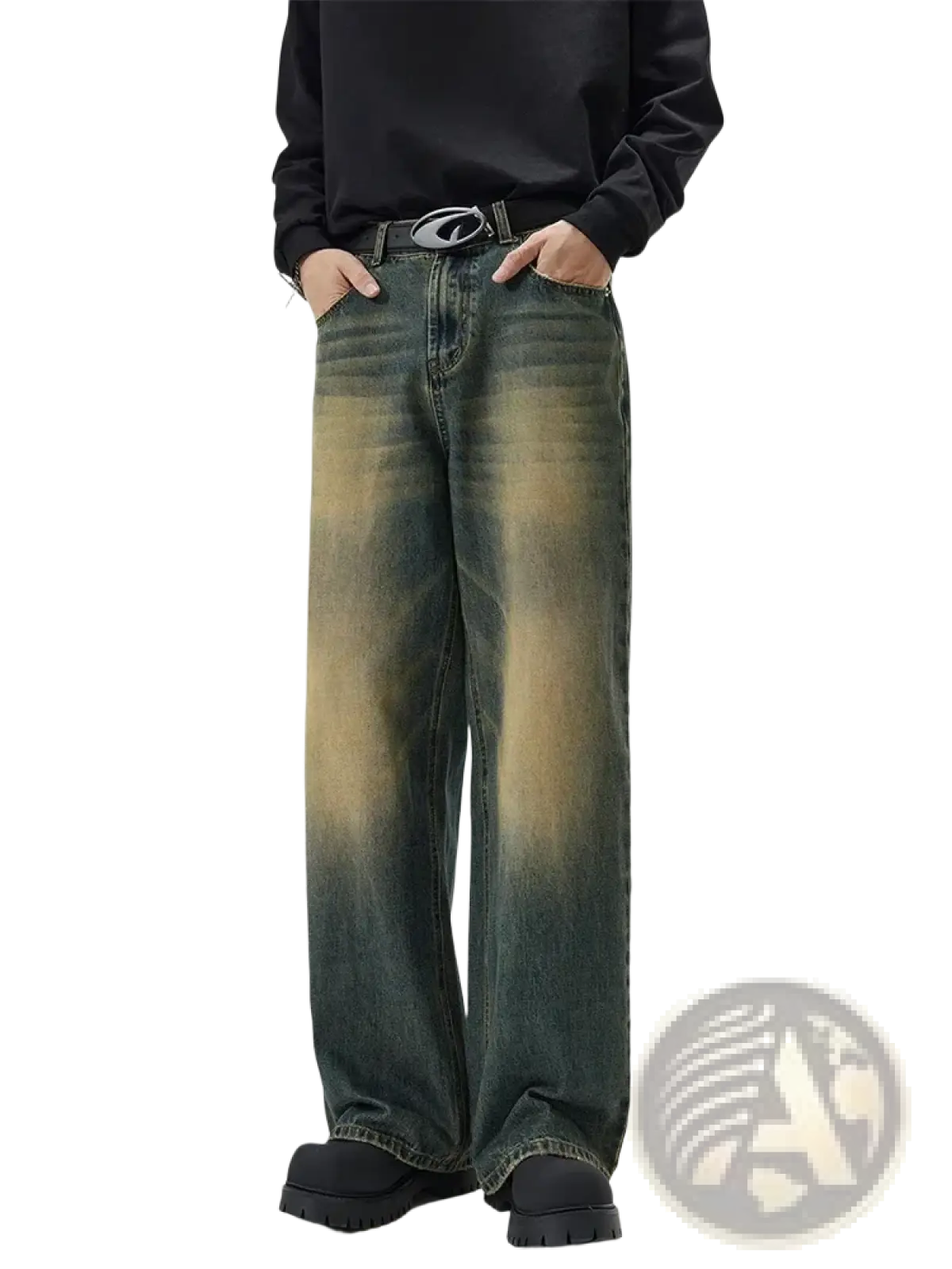 Distressed vintage baggy men denim jeans in dark wash with a faded gradient effect transitioning to lighter tones at the bottom