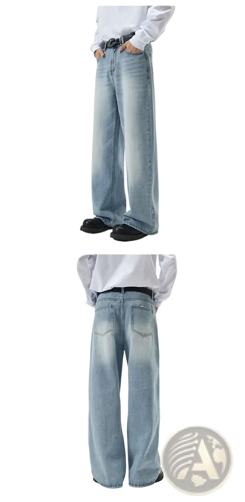 Distressed vintage baggy men denim jeans in light-wash with a wide-leg cut and classic five-pocket design
