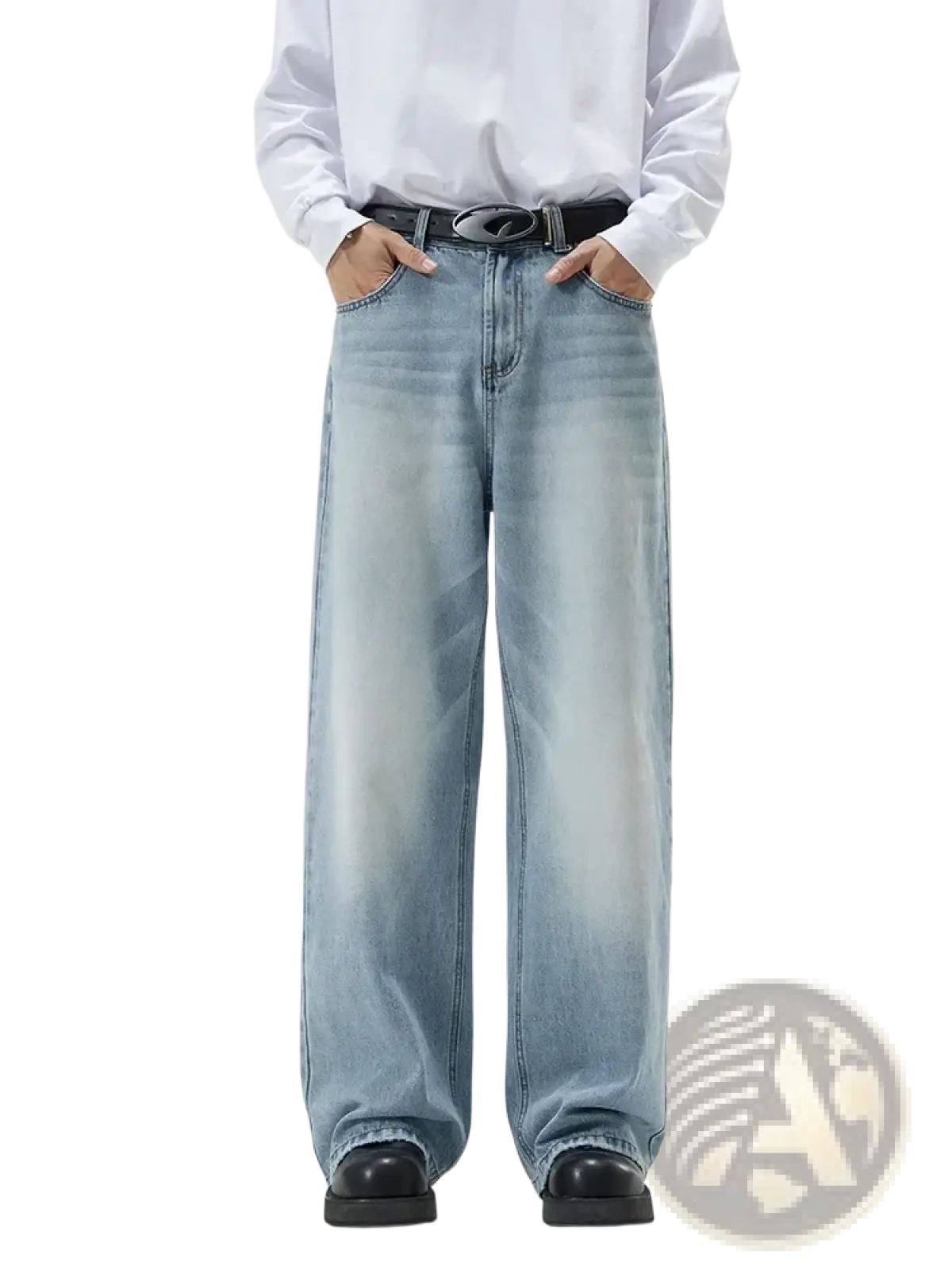 Distressed vintage baggy men denim jeans in light-wash denim with wide-leg cut and faded distressing detail