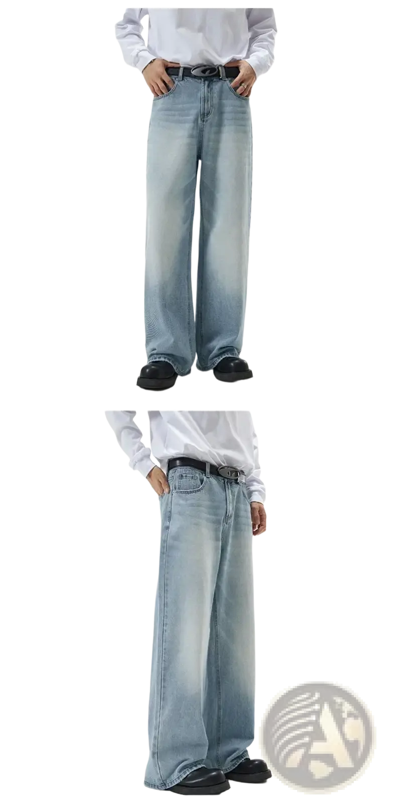 Light-wash denim wide-leg distressed vintage baggy men jeans with relaxed straight-cut silhouette and five-pocket design