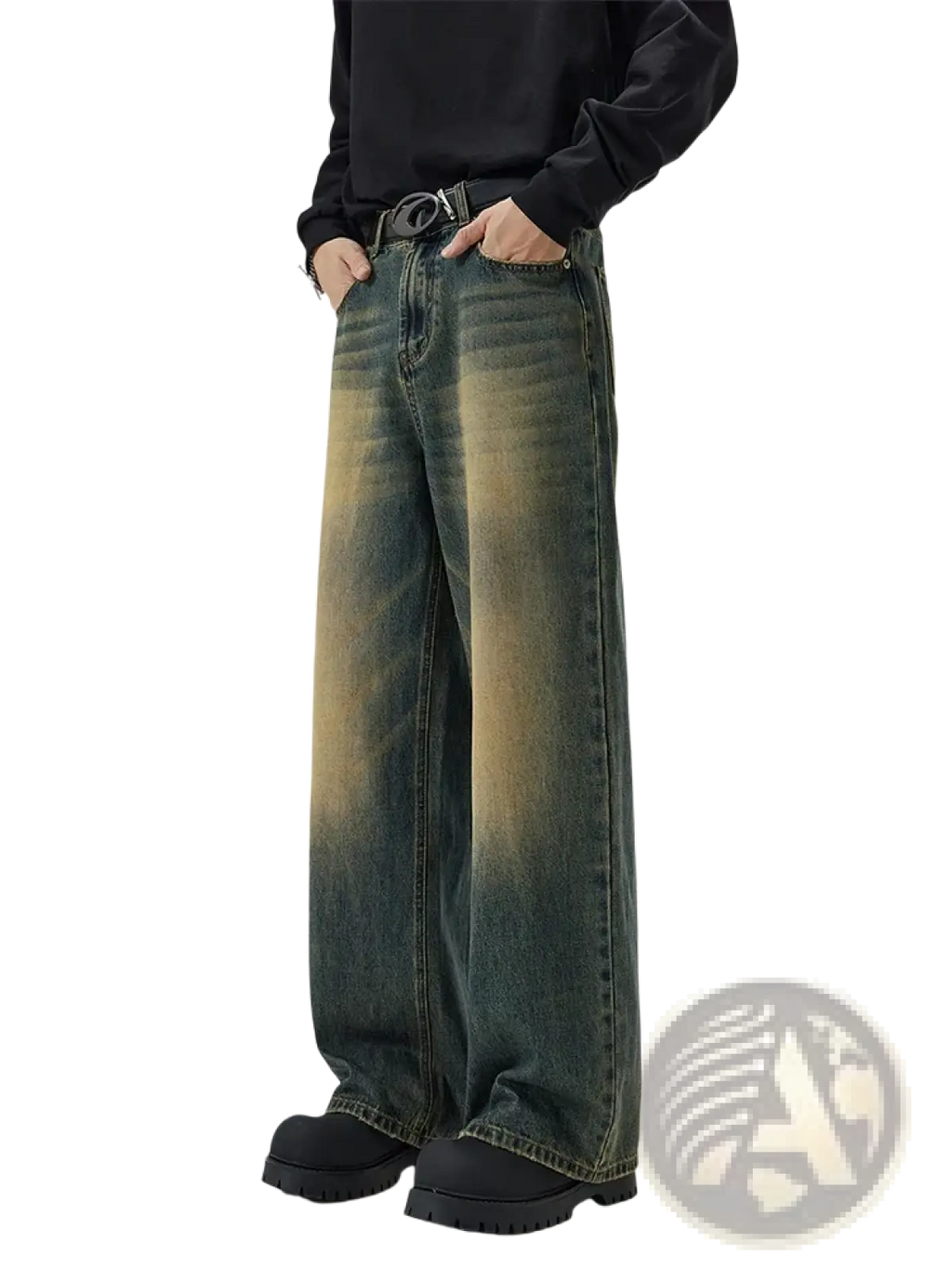 Distressed vintage baggy men denim jeans featuring wide-leg denim with a faded gradient wash from dark green to mustard yellow