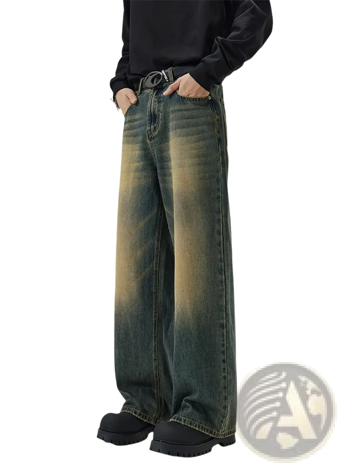 Distressed vintage baggy men denim jeans featuring wide-leg denim with a faded gradient wash from dark green to mustard yellow