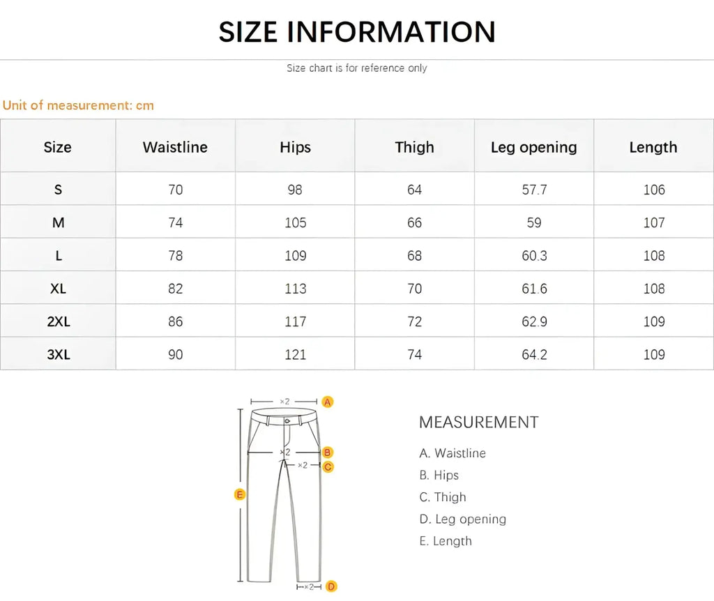 Size information chart for distressed vintage baggy men denim jeans showing waistline hips thigh leg opening and length in cm
