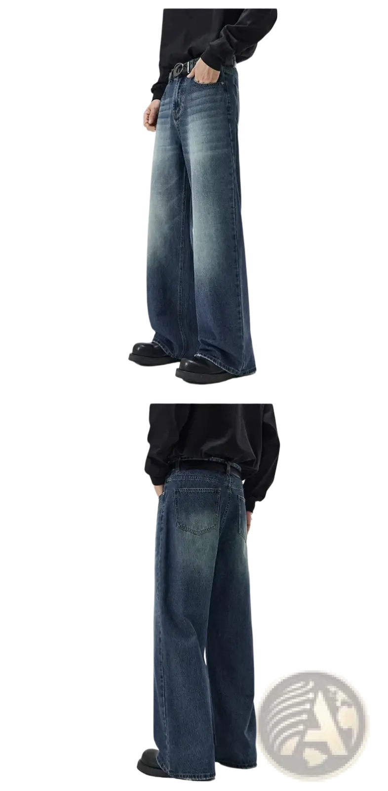 Distressed vintage baggy men denim jeans in faded blue wash with subtle distressing and classic stitching