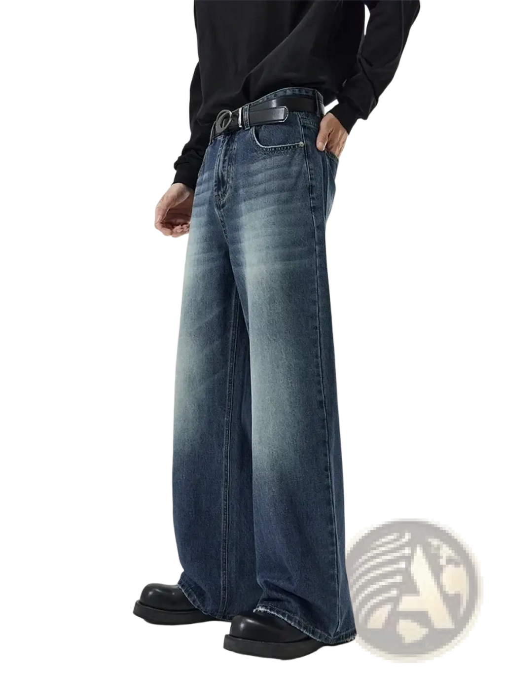 Distressed vintage baggy men denim jeans in faded blue wash with subtle whiskering and frayed hems in wide-leg style