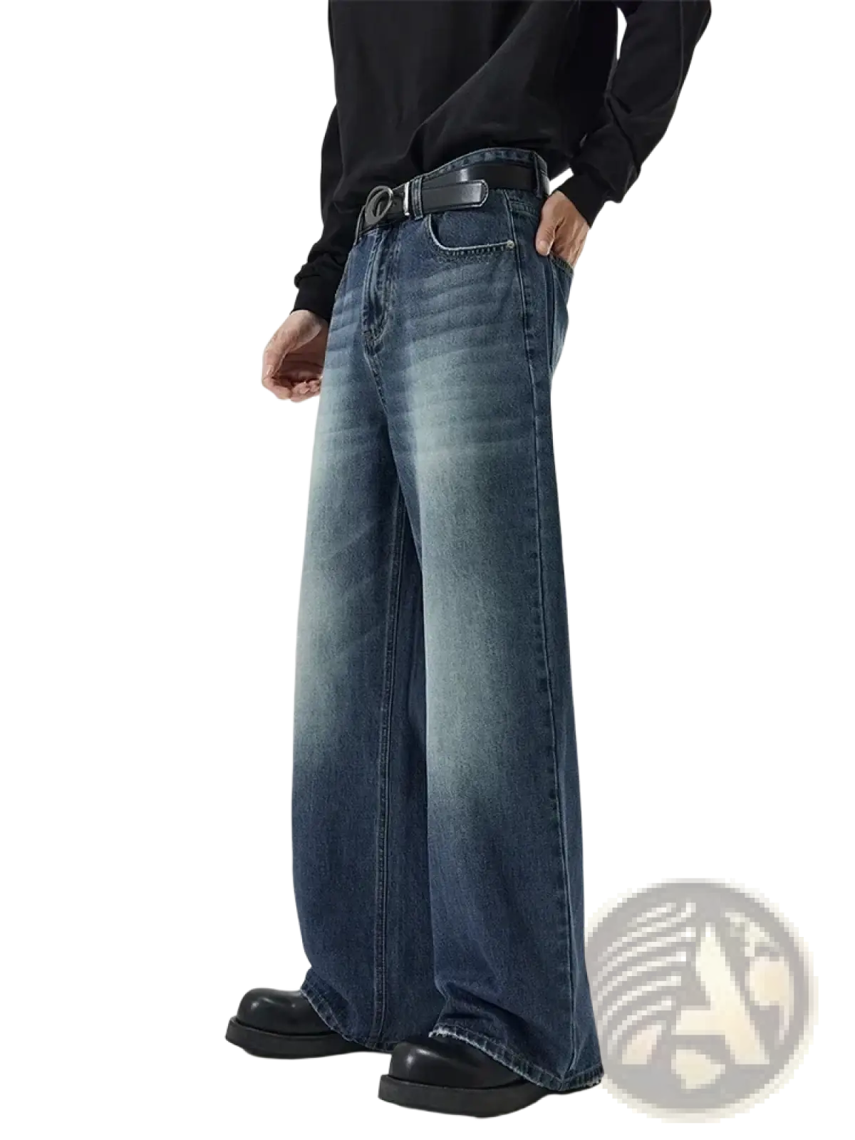 Distressed vintage baggy men denim jeans in faded blue wash with subtle whiskering and frayed hems in wide-leg style