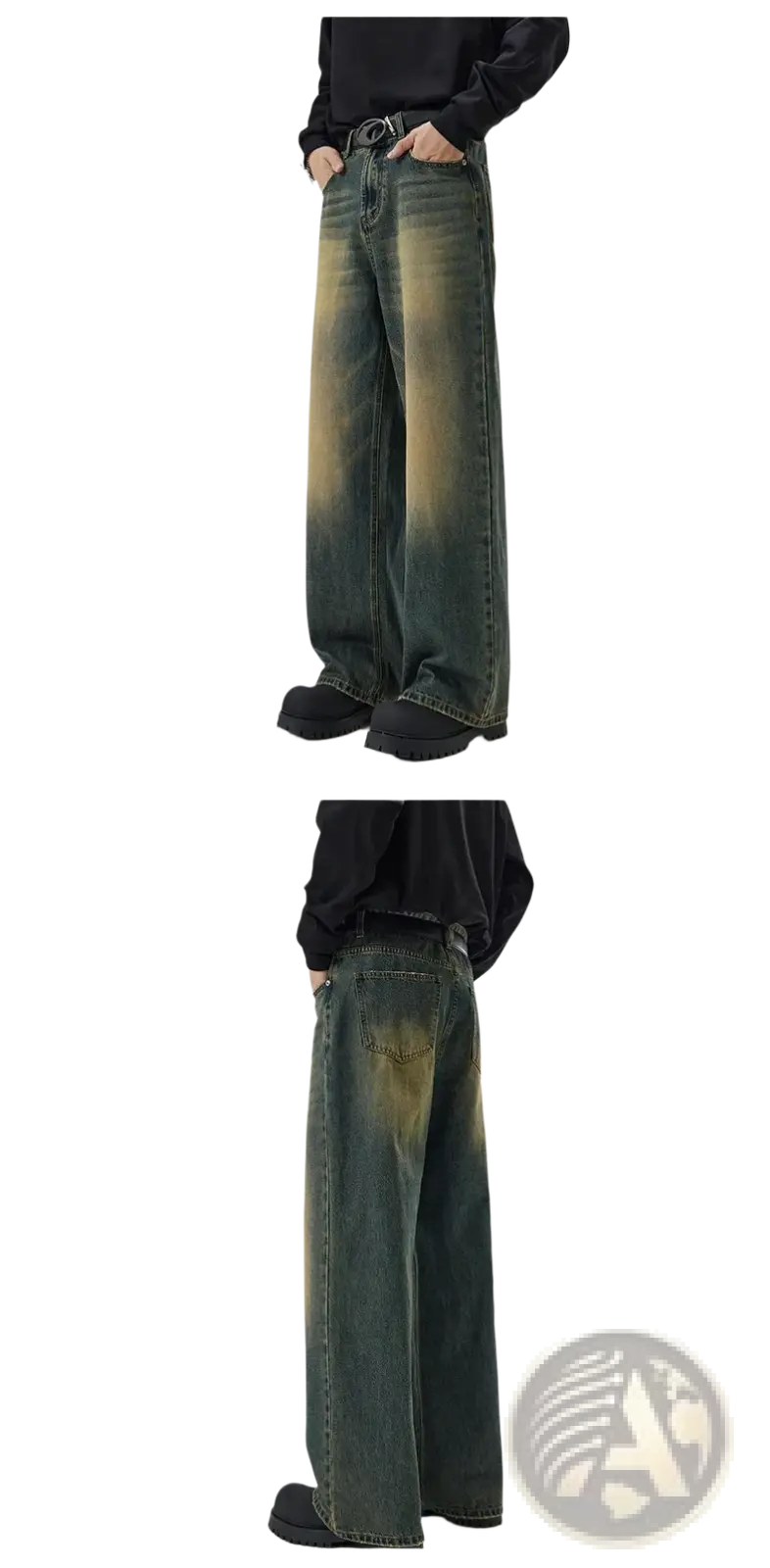 Distressed vintage baggy men denim jeans with wide-leg cut and faded gradient wash from dark green to yellow
