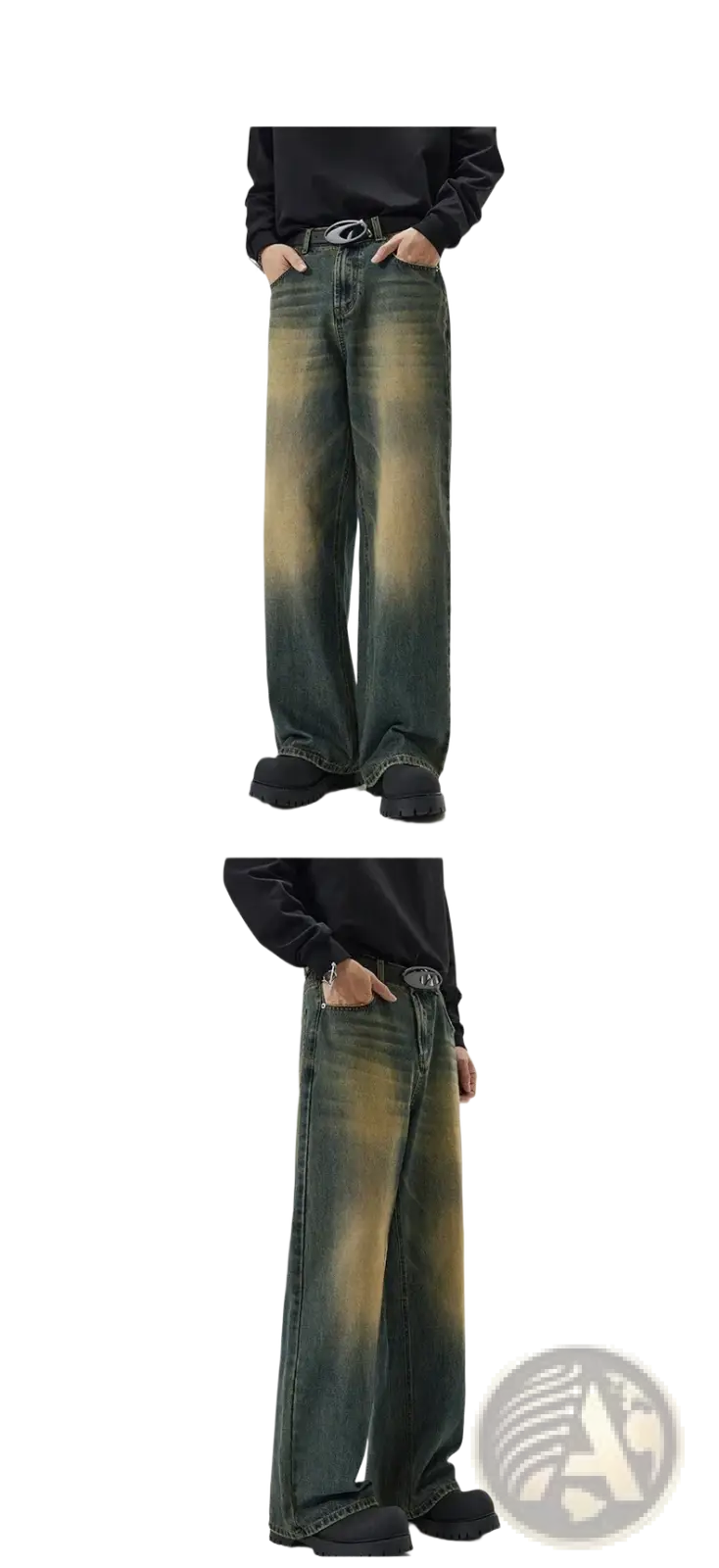 Distressed vintage baggy men denim jeans with wide-leg fit and faded gradient wash from dark green to mustard yellow