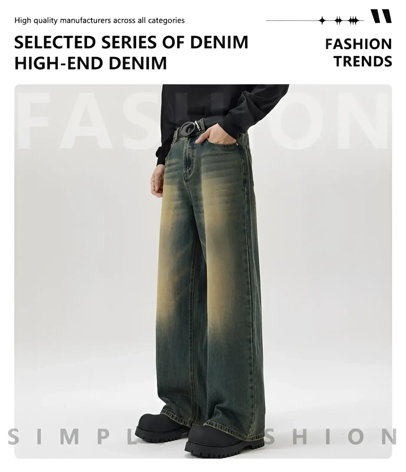 Wide-leg distressed vintage baggy men denim jeans with faded gradient wash from dark green to light brown