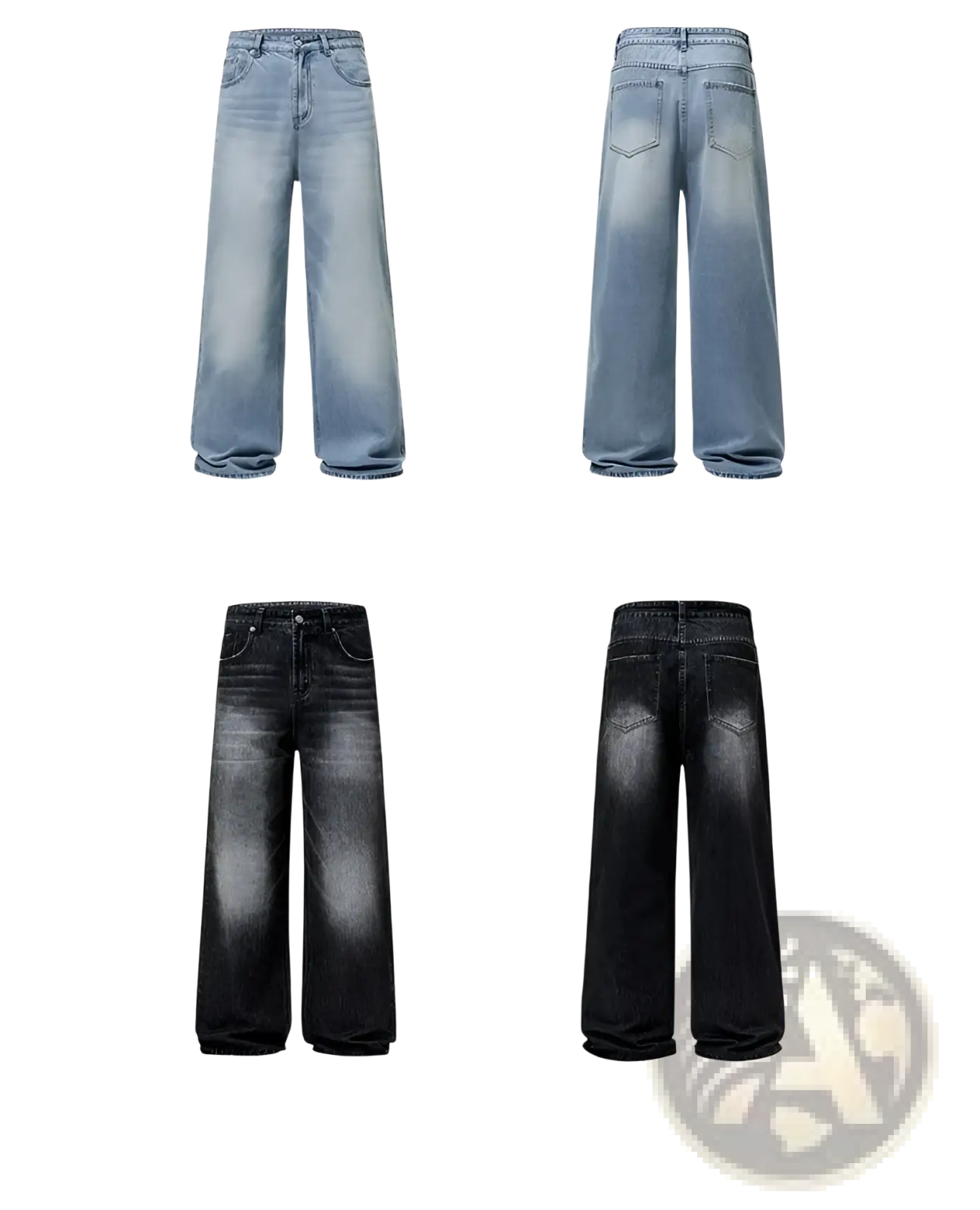 Distressed vintage baggy men denim jeans in light blue and black wide-leg washes with relaxed fit and button fly