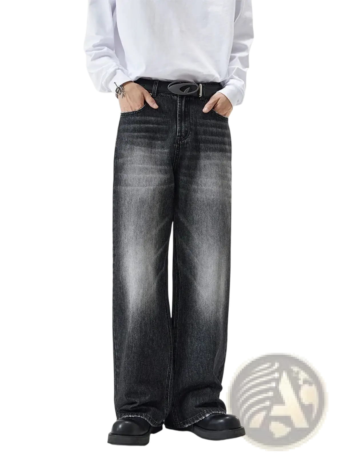 Distressed vintage baggy men denim jeans in dark wash wide-leg style with faded look and black belt accessory