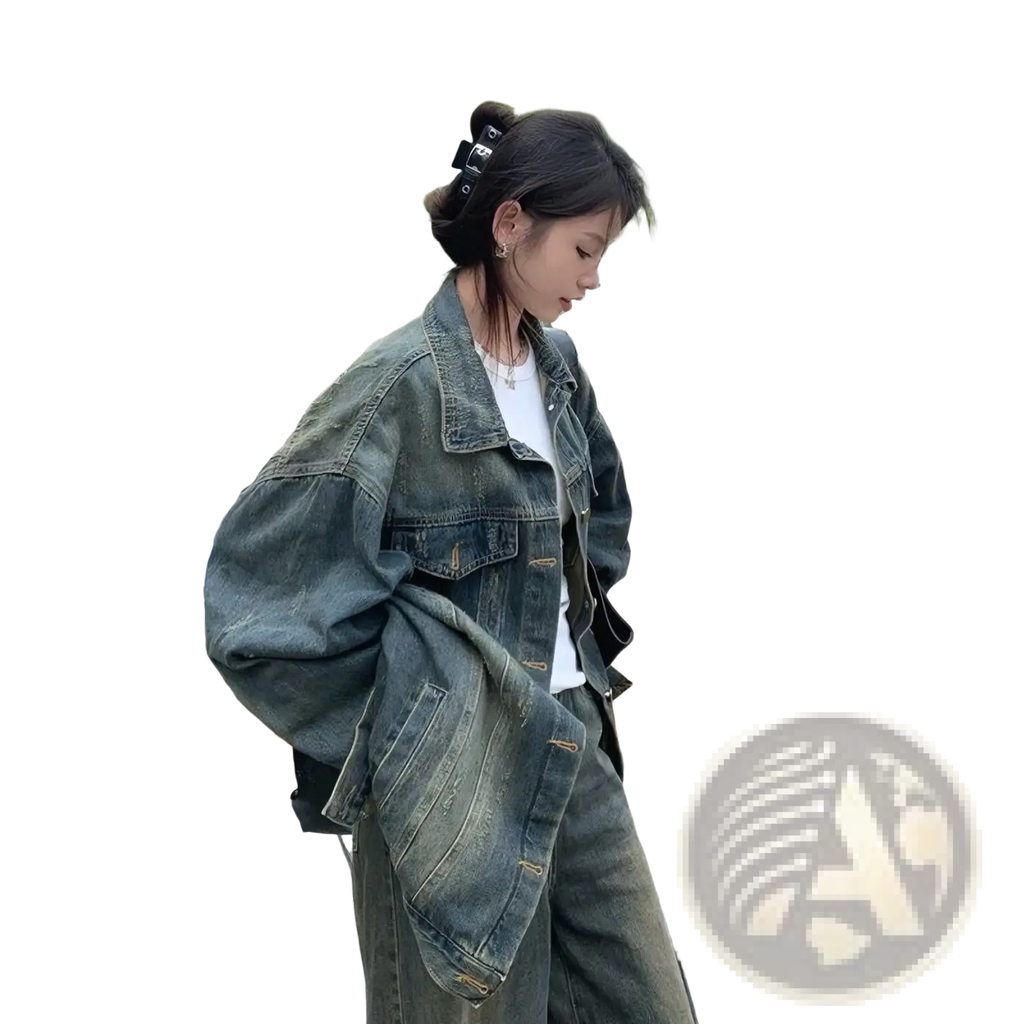 Distressed vintage denim jacket in faded blue with relaxed oversized fit and visible stitching details for streetwear