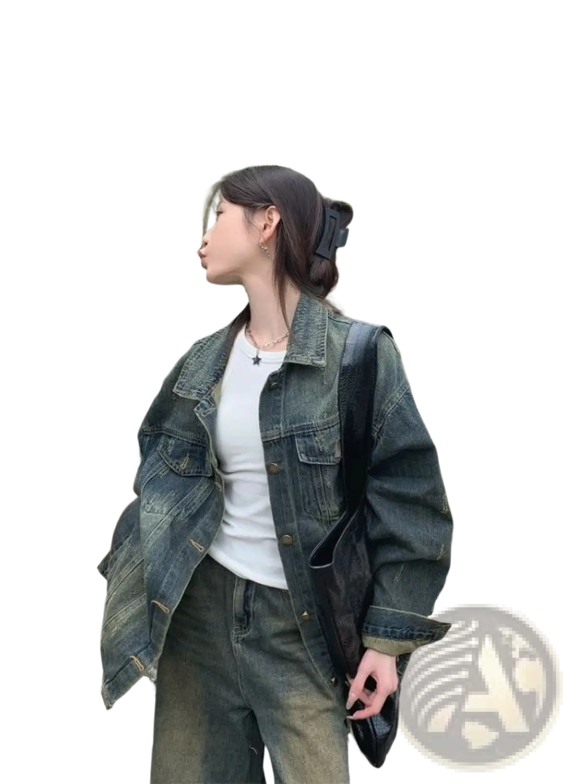 Distressed vintage dark green denim jacket with relaxed fit and classic button closure for loose streetwear style