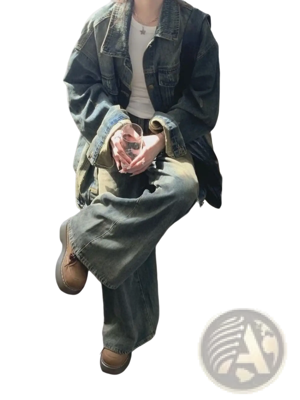 Dark-wash distressed vintage denim jacket with loose streetwear fit and classic button closure in relaxed oversized style