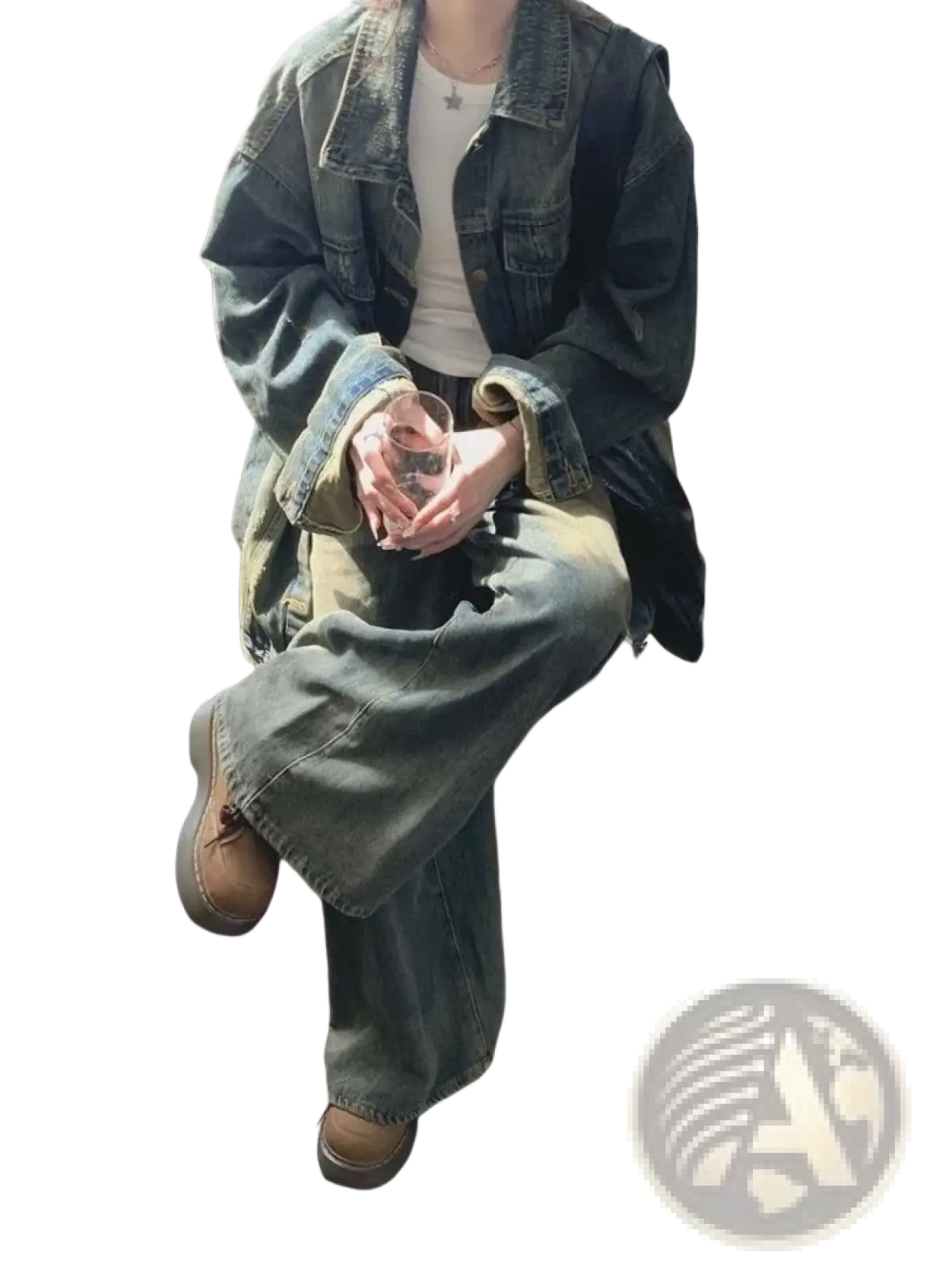 Dark-wash distressed vintage denim jacket with loose streetwear fit and classic button closure in relaxed oversized style
