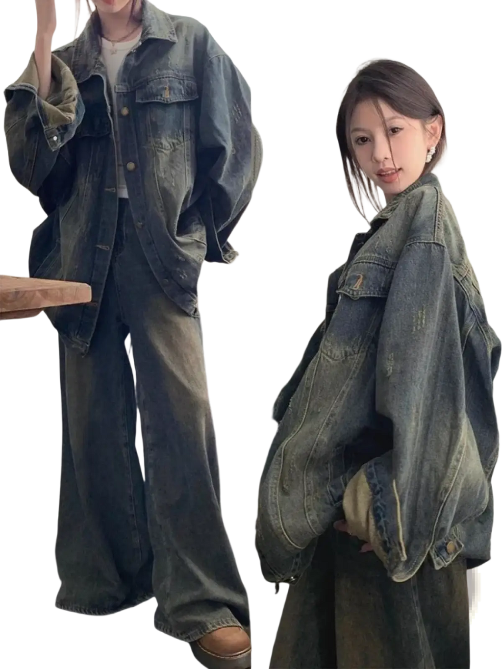 Distressed vintage denim jacket with faded blue and green wash, distressed details, button closures, and classic collar