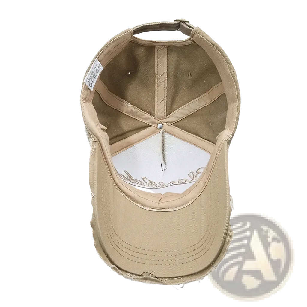 Beige distressed vintage embroidered cotton baseball cap with frayed brim and logo embroidered on the interior