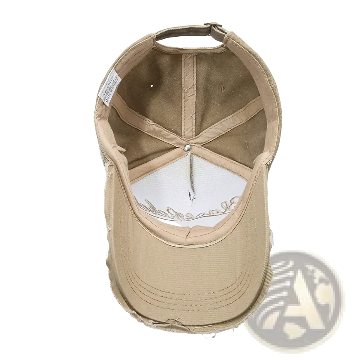 Beige distressed vintage embroidered cotton baseball cap with frayed brim and logo embroidered on the interior