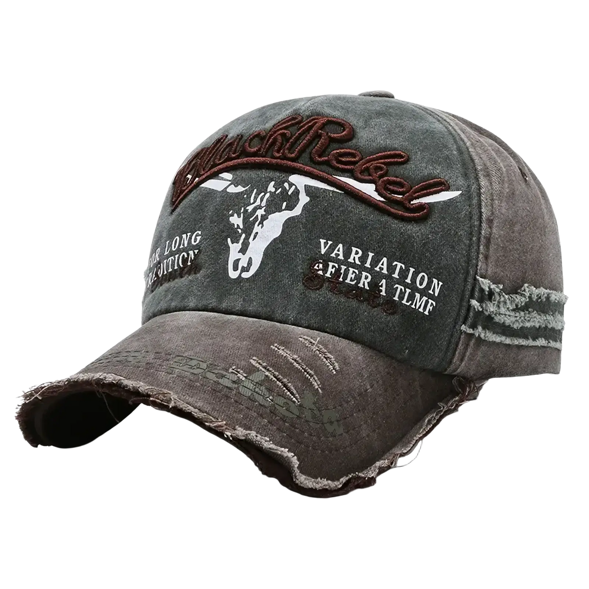 Distressed dark gray vintage embroidered baseball cap with rebel logo and white skull design for casual wear