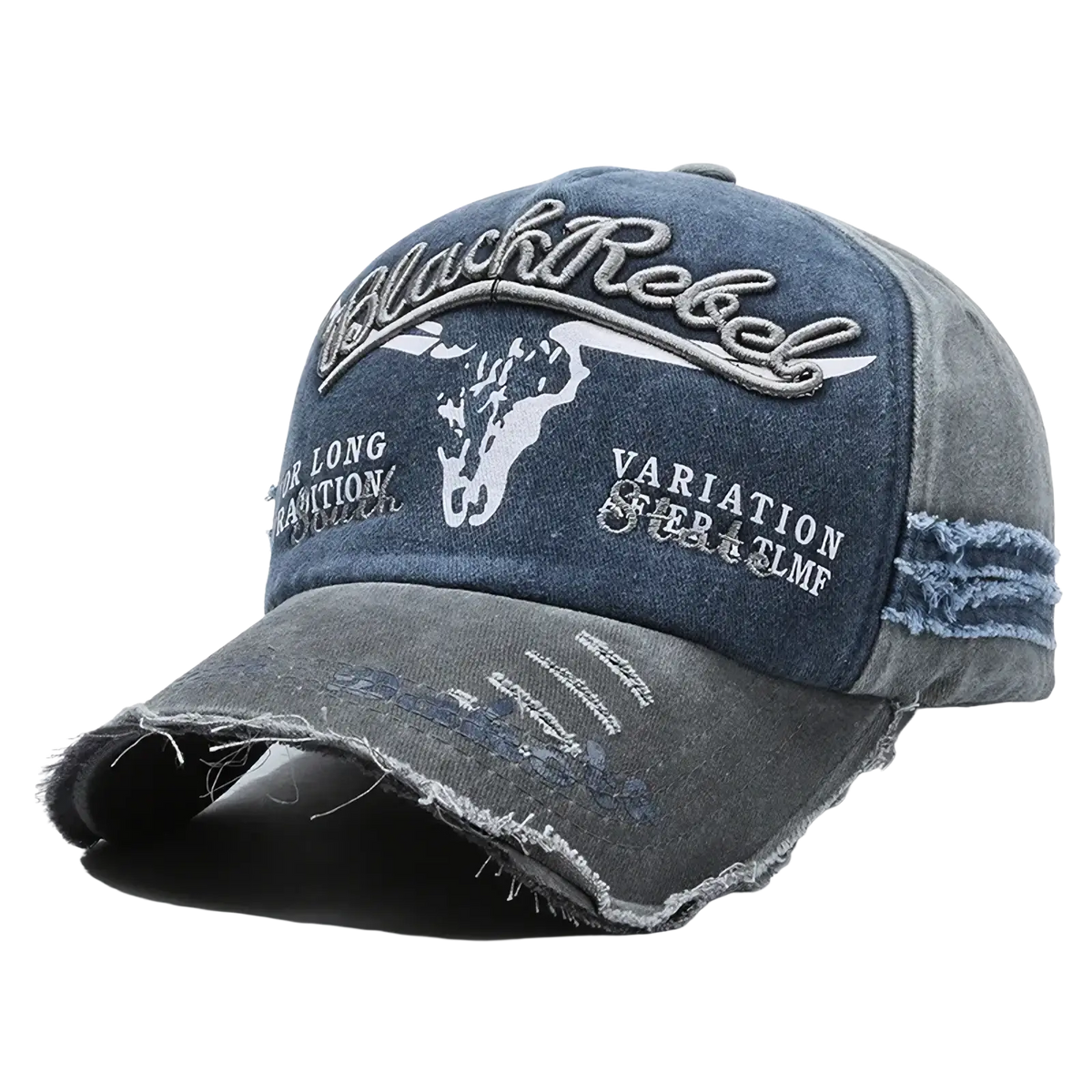 Distressed vintage embroidered baseball cap with faded blue front panel black rebel text white skull design and frayed edges