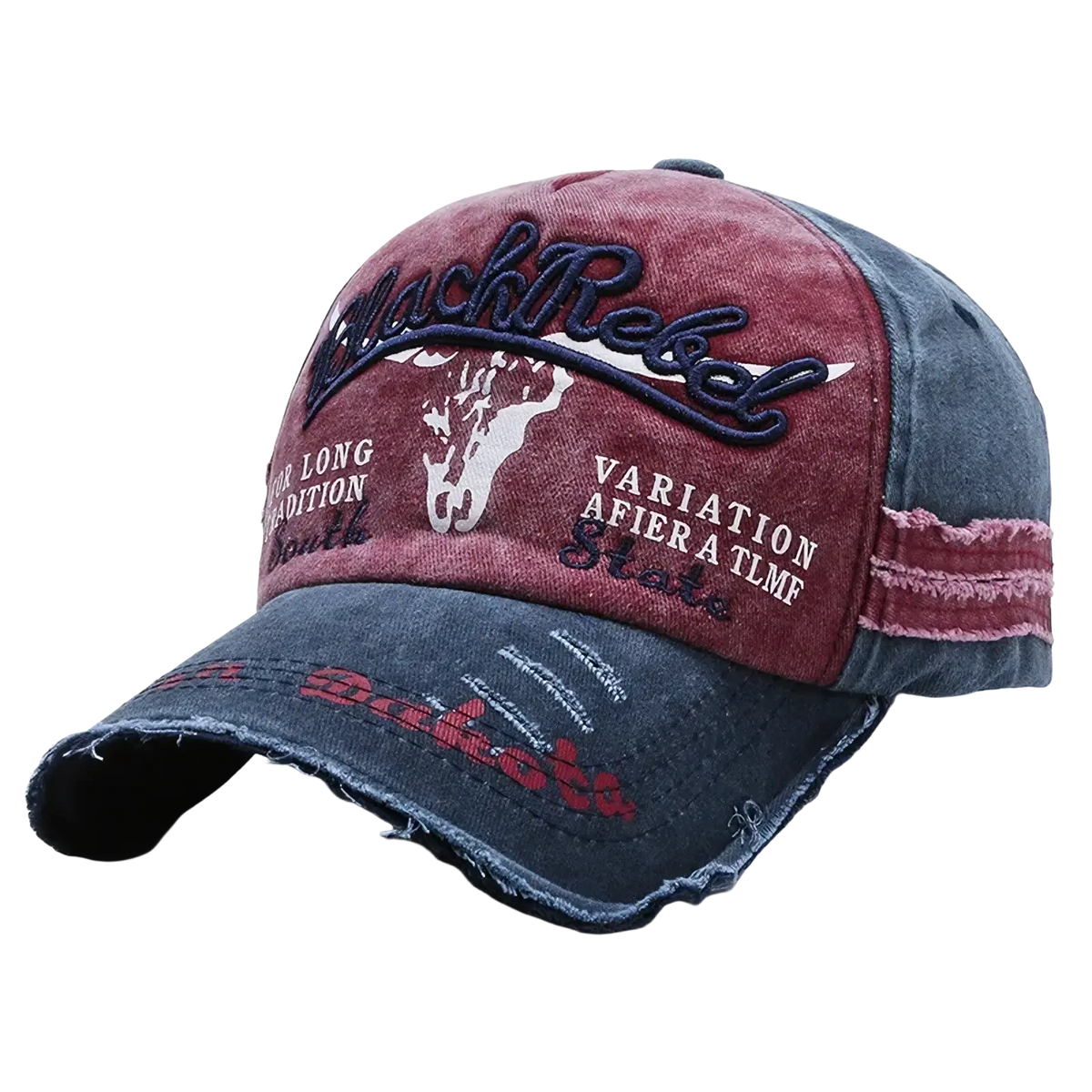 Distressed vintage embroidered baseball cap with maroon front panel black rebel text white skull and faded blue denim sides