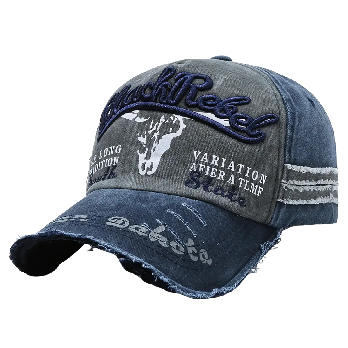 Denim baseball cap with distressed faded blue and gray tones embroidered buckhead and white skull graphic vintage style