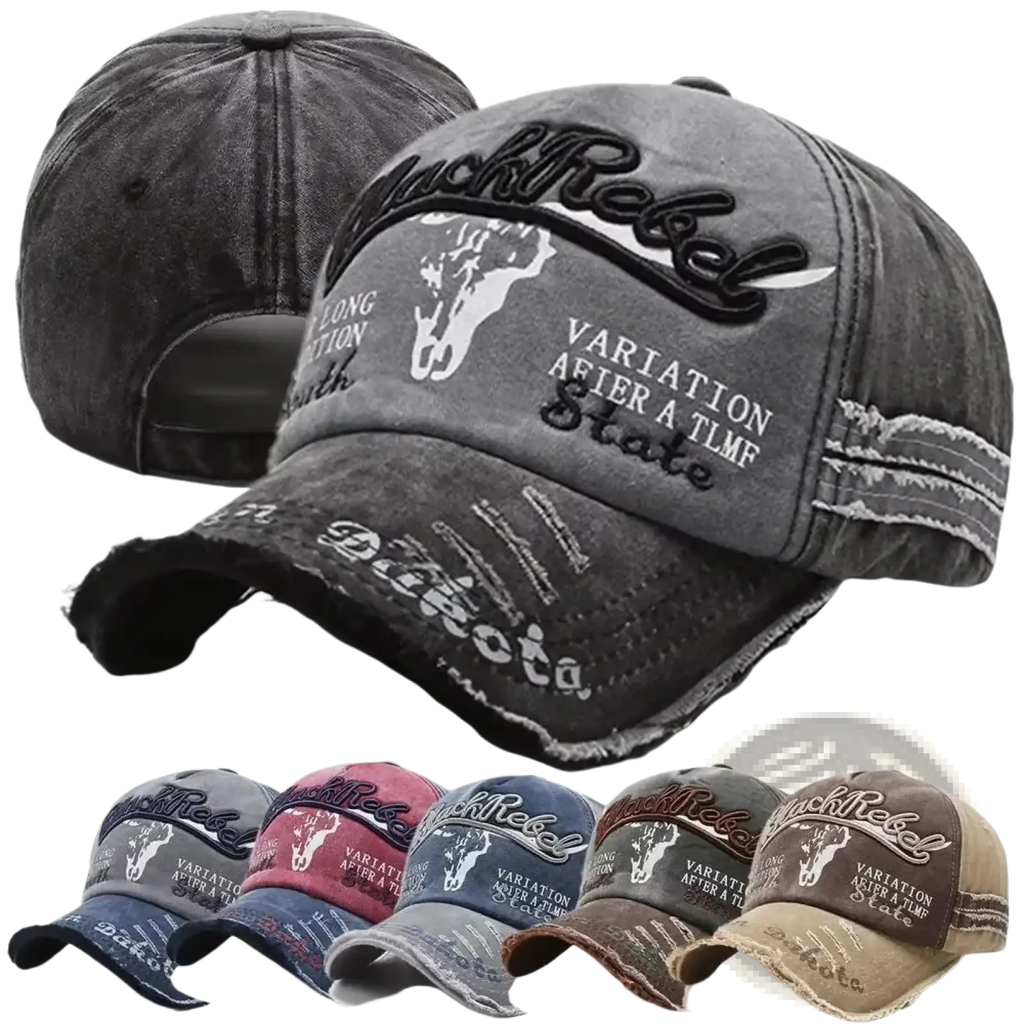 Distressed vintage embroidered baseball cap in gray denim with rebel logo cow skull graphic and frayed brim, multiple colors