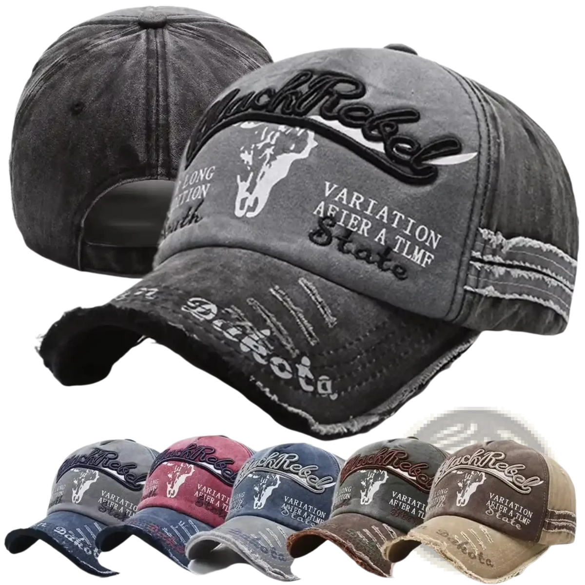 Distressed vintage embroidered baseball cap in gray denim with rebel logo cow skull graphic and frayed brim, multiple colors