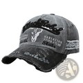 Distressed vintage embroidered baseball cap in gray denim with black and white skull graphic and frayed edges