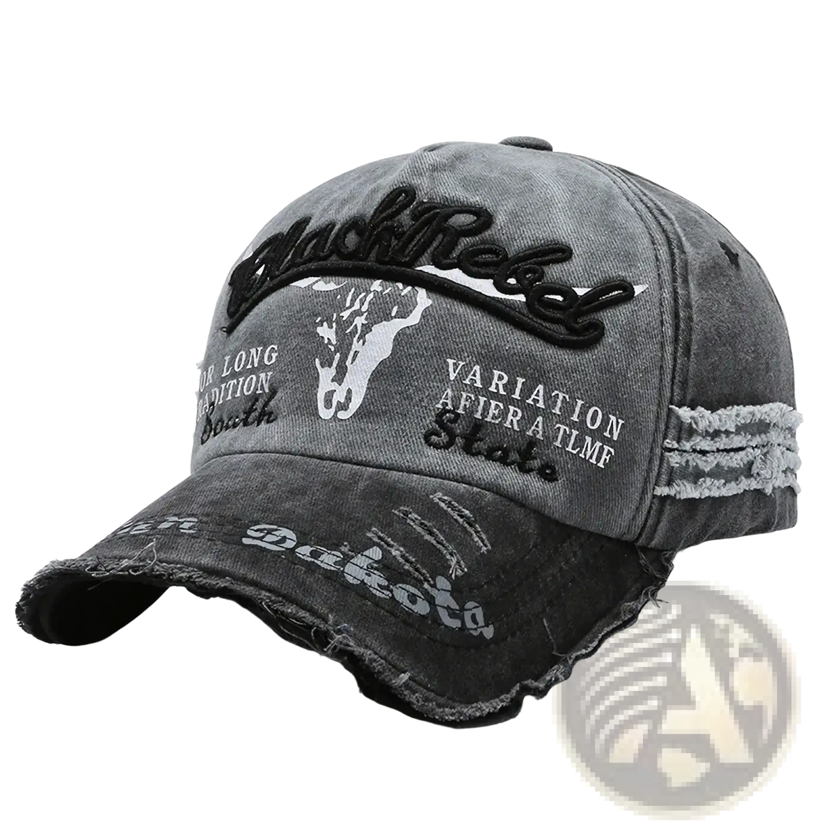 Distressed vintage embroidered baseball cap in gray denim with black and white skull graphic and frayed edges