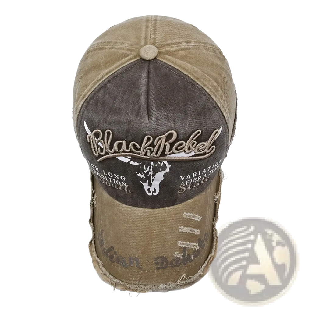 Distressed vintage embroidered baseball cap in olive and dark brown with black rebel bull logo and frayed edges