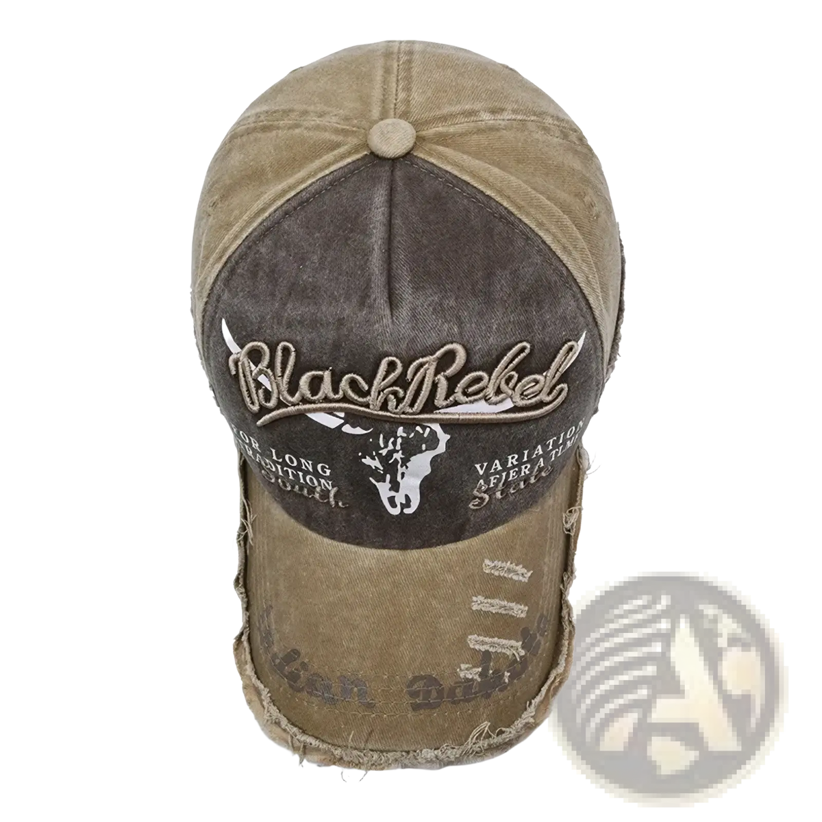 Distressed vintage embroidered baseball cap in olive and dark brown with black rebel bull logo and frayed edges