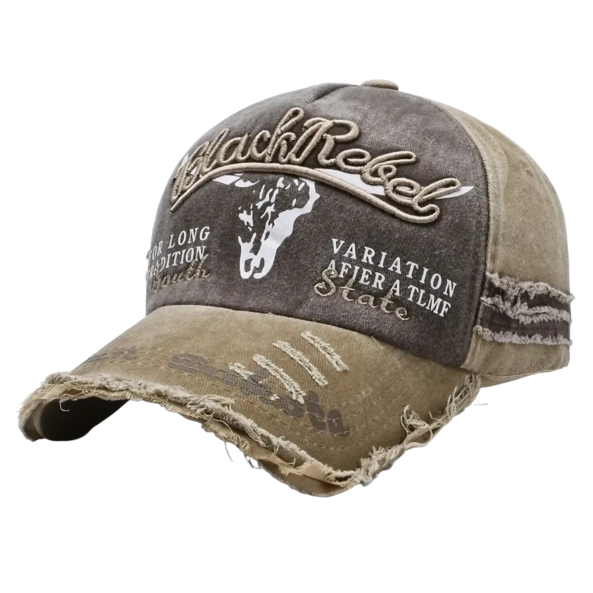 Distressed vintage embroidered baseball cap in olive green with faded gray front panel and black rebel skull logo