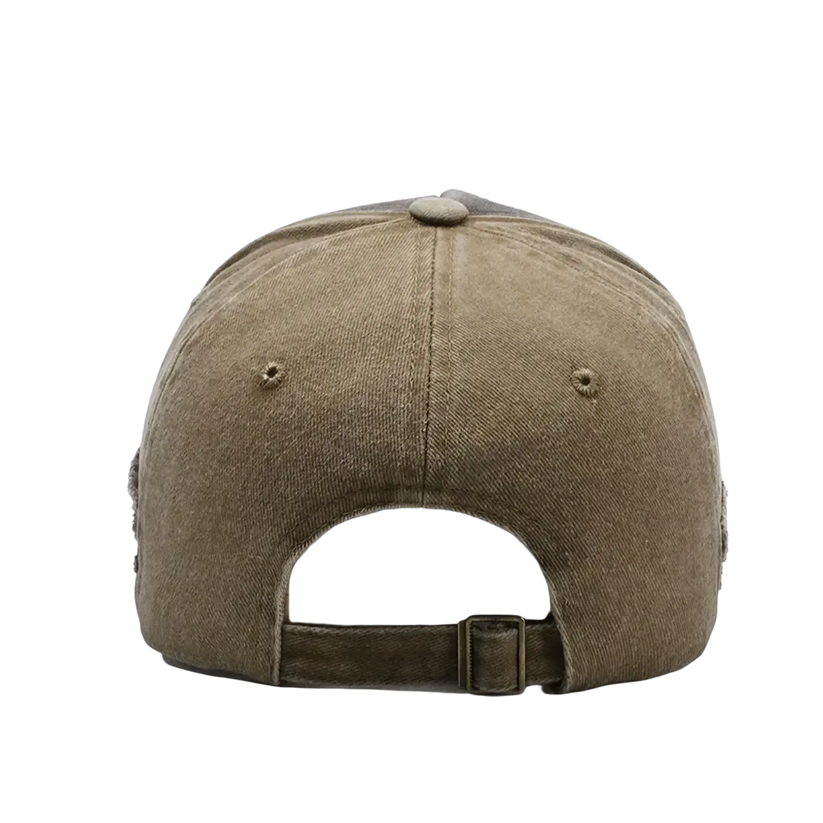 A distressed vintage embroidered olive green cotton baseball cap with fabric strap and metal buckle shown from the back