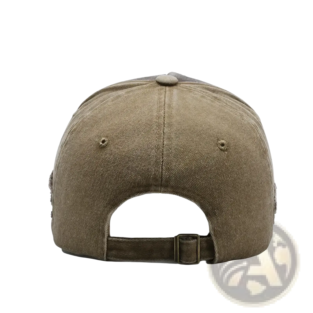 A distressed vintage embroidered olive green cotton baseball cap with fabric strap and metal buckle shown from the back