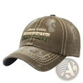 Olive green distressed washed cotton baseball cap with embroidered airmal flights content in beige and dark green thread