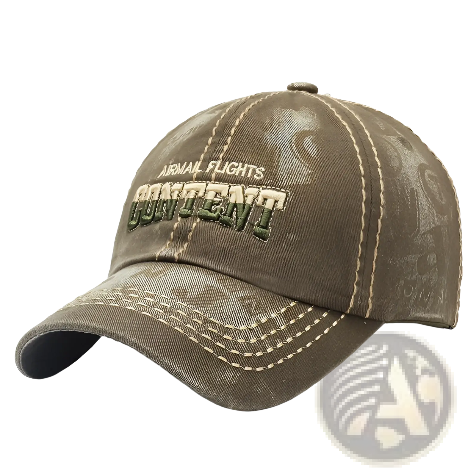 Olive green distressed washed cotton baseball cap with embroidered airmal flights content in beige and dark green thread