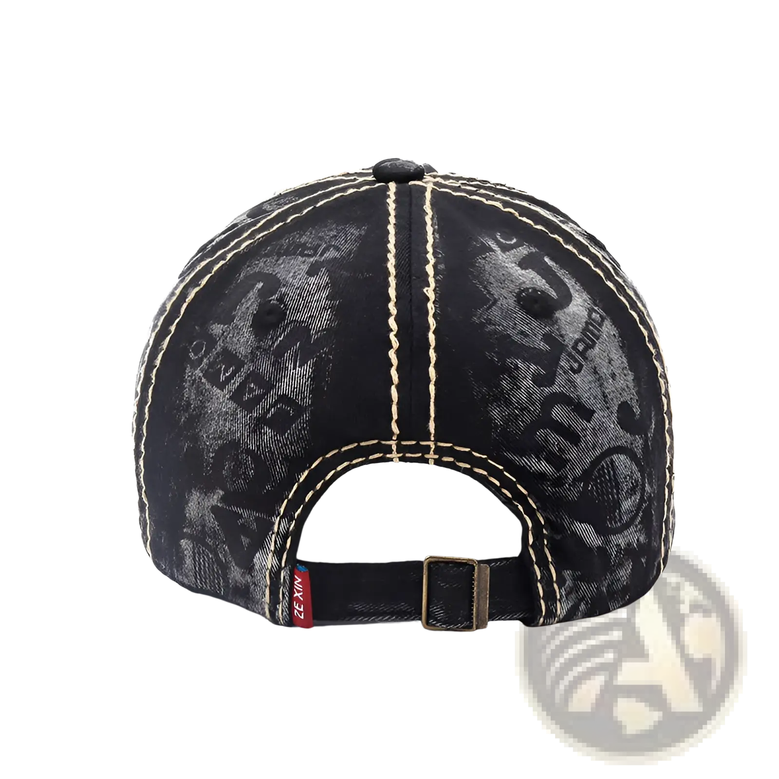 Black distressed washed cotton baseball cap with faded gray lettering and contrasting cream stitching