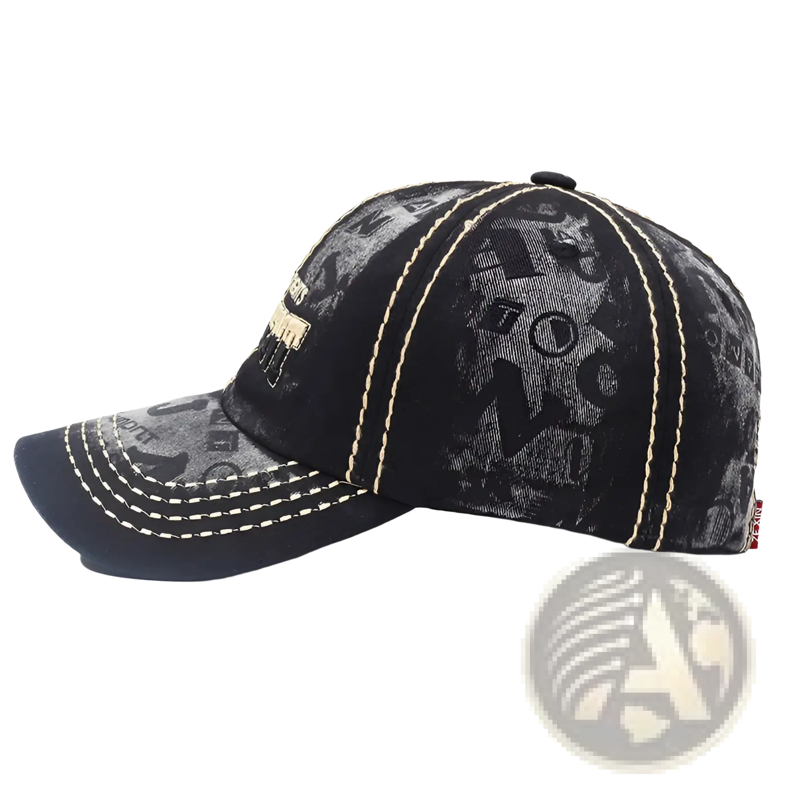 Distressed washed cotton baseball cap in black with faded gray graphic print and cream stitching along panels