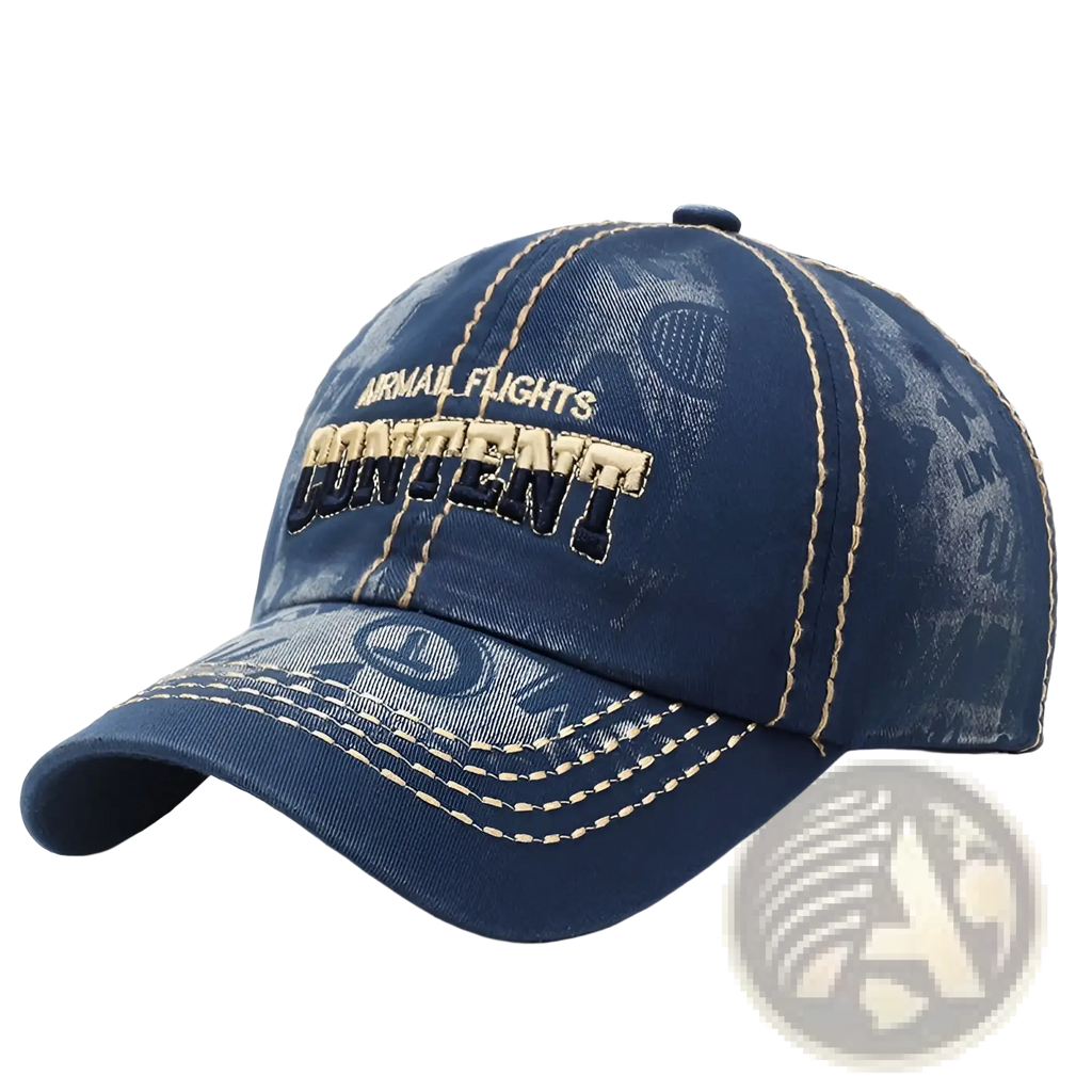 Blue denim distressed washed cotton baseball cap with beige stitching and embroidered army flights content text