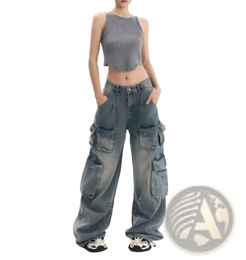 Distressed wide leg denim cargo pants in faded blue wash featuring multiple large pockets and a relaxed fit