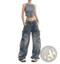 Distressed wide leg denim cargo pants in faded blue wash featuring multiple large pockets and a relaxed fit