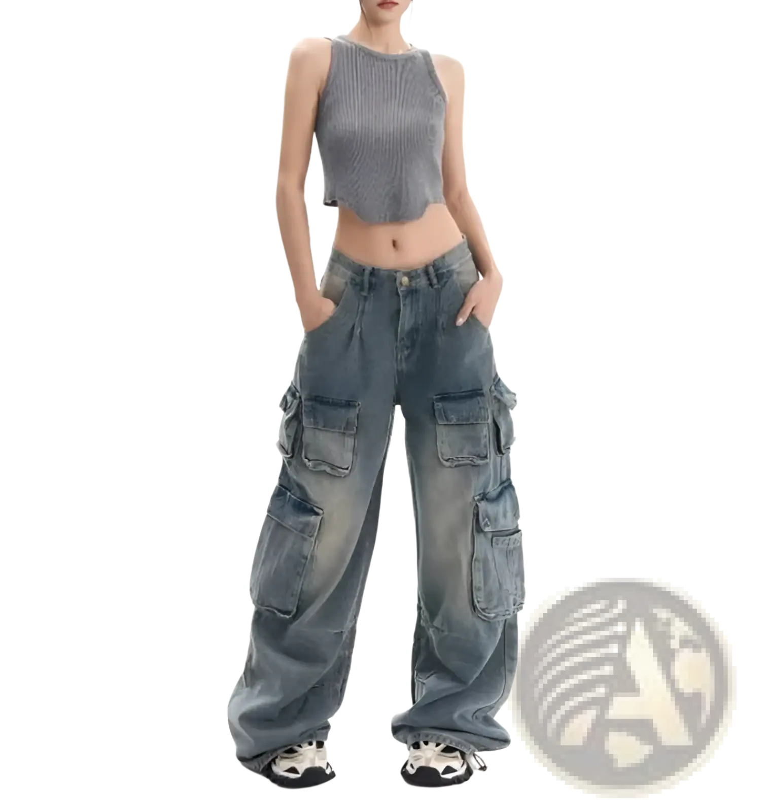 Distressed wide leg denim cargo pants in faded blue wash featuring multiple large pockets and a relaxed fit