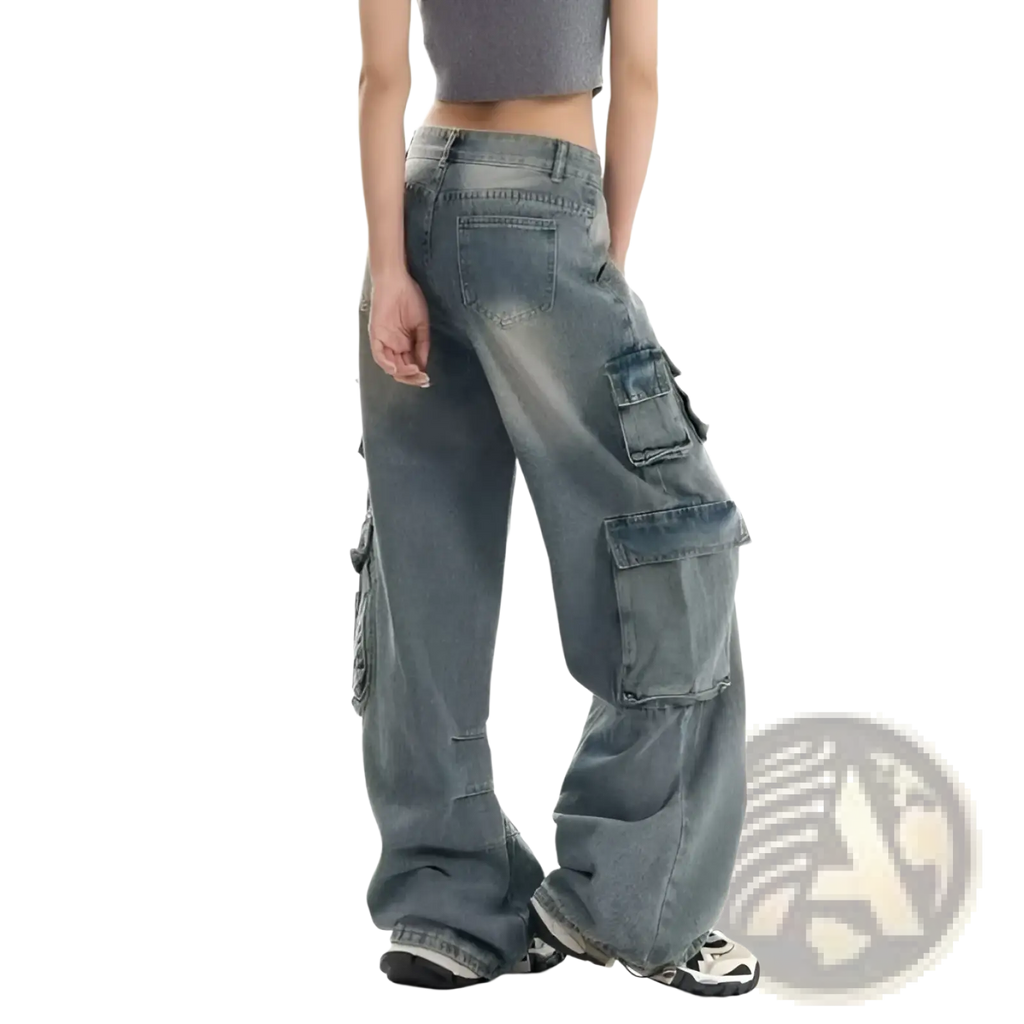 Distressed wide leg denim cargo pants in faded blue wash featuring multiple large pockets and ripped details